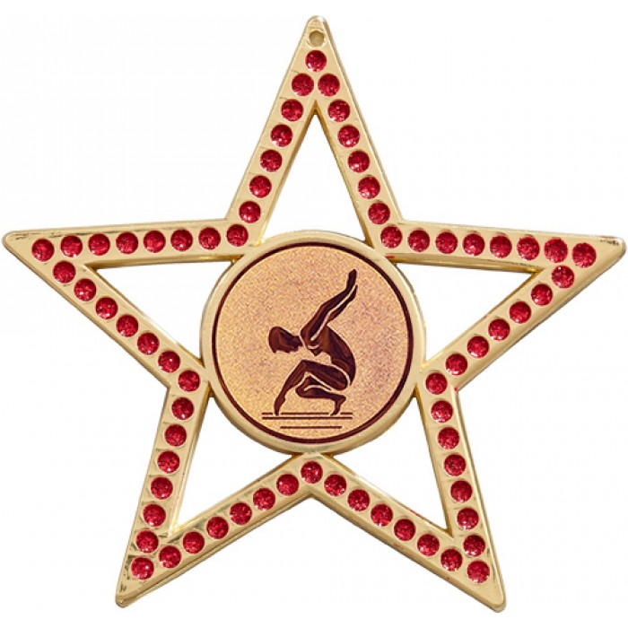 RED STAR FEMALE GYMNASTICS MEDAL -75MM -  GOLD, SILVER OR BRONZE